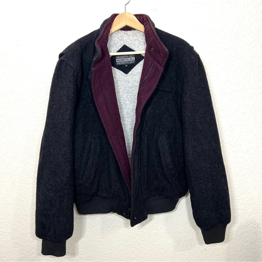 90’s Members Only Wool Bomber Jacket Sherpa Shearling Lined Dark Gray Size 46